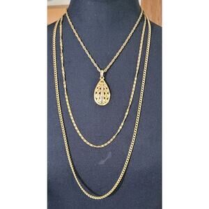 Vtg 70s 3 Strand Necklace Goldtone Teardrop Wire Wrapped Pattern Foldover Clasp